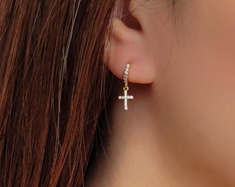 Sparkling Pave Cross Huggie Hoop Earrings in 18k Gold Plated Sterling Silver Dainty Religious Gift for Her