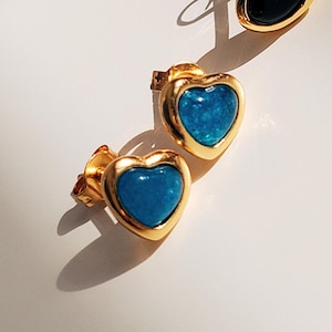 Blue Quartz Heart Stud Earrings: 18K Gold Vermeil Dainty Jewelry