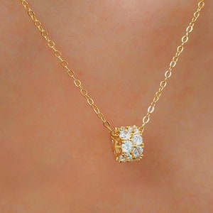 Gold Circle Pendant Necklace: Sterling Silver Barrel, Pave Zircon Charm
