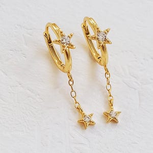 Dainty Gold Star Huggie Earrings Chain Drop Earrings Minimalist Celestial Jewellery Gift for Her | Gold Plated Sterling Silver