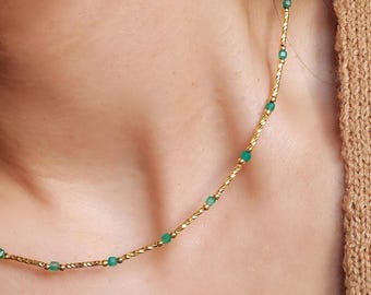 Green Onyx Gold Vermeil Station Necklace, 2mm Gemstone Bead Bar Stacking Choker, Elegant Jewellery Gift for Her