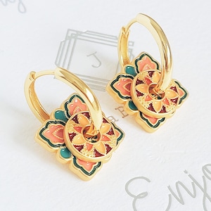 Retro Pink Flower Enamel Hoop Earrings for Women and Vintage Lover Unique Tile Pattern Designer Earrings Gift for Her