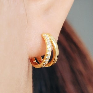 Double Hoop Pave Diamond Huggie Earrings Dainty Hoop Earrings Gold Plated Sterling Silver Earrings Minimalist Jewellery Gift for Her