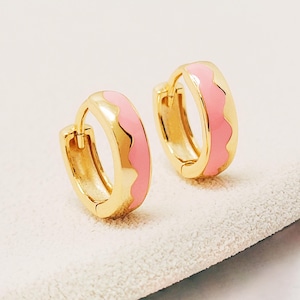 Pink Enamel Huggies Earrings Small Gold Hoop Earrings Minimalist Gold Plated Sterling Silver Dainty Jewellery Gift for Women