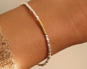 Minimalist Sterling Silver Bangle Bracelet, 18k Gold Plated Beaded Bracelet Adjustable, Mixed Metal Jewellery, Waterproof and Hypoallergenic