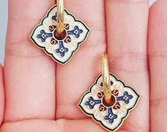 Statement Enamel Hoop Earrings Vintage Tile One-of-a-kind Retro Gothic Earrings | Unique Earrings Gift for Her