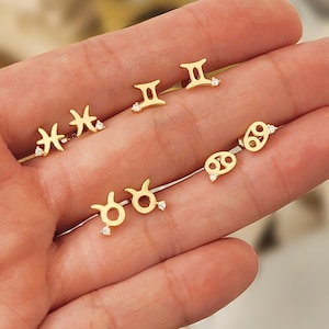 Custom Zodiac Constellation Stud Earrings Personalized Astrology Jewellery Gift for Her | Gold Plated Sterling Silver Minimalist Earrings