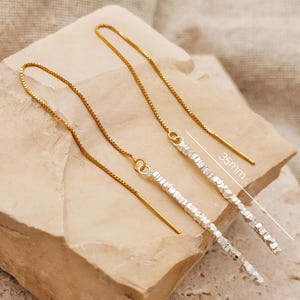 Mixed Metal Threader Earrings Sterling Silver Nuggets Gold Plated Long Chain Pull Through Earrings Minimalist  Jewellery Gift for Her
