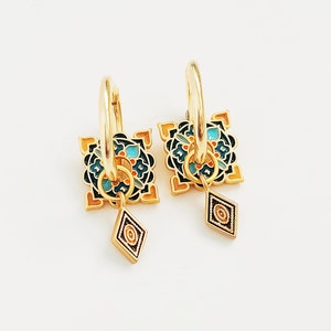 Fliesenmuster Emaille Hoop Ohrringe - Handbemalte Emaille, Messing, Cloisonné, 925 Sterling Silber Creolen, einzigartige Retro Ohrringe für Damen