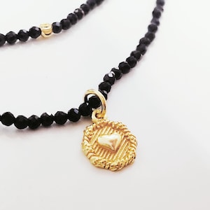 Black Onyx Beaded Gemstone Choker Necklace with Gold Heart Pendant Vintage Inspired Jewellery Gift for Her
