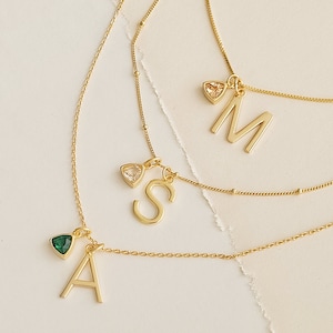 Collar con inicial personalizado y piedra de nacimiento, collar con letra grande personalizado, joyería minimalista, regalo para ella