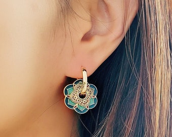 Enamel Hoop Earrings, 925 Sterling Silver, 18ct Gold plating, Brass, Unique Designer Earrings, Green Enamel, Vintage Flower Tile Pattern