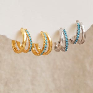 Turquoise Earrings Double Hoops Huggie Earrings Dainty Blue Earrings Gold Plated Sterling Silver Earrings Minimalist Jewellery Gift for Her