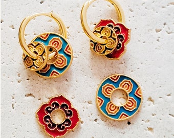 Enamel Disc Hoop Earrings - 925 Sterling Silver with 18ct Gold plating, Brass, Cloisonné, Huggie Hoops, Boho, Blue Enamel Vintage, Retro
