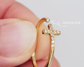 Delicato anello a croce, delicato anello sottile per donna, anello regolabile in argento sterling placcato oro, gioiello minimalista, regalo di anniversario per lei