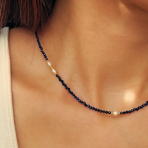 Lapis Lazuli Freshwater Baroque Pearl Necklace Beaded Gemstone Choker Necklace Colorful Summer Jewellery Anniversary Gift for Her
