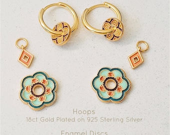 Enamel Disc Hoop Earrings - 18ct Gold Plated over 925 Sterling Silver and Brass, Cloisonné, Unique Enamel Flower Pendant, Vintage, Retro