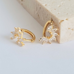 Petal Marquise Huggie Hoops, 18ct Gold Plated over 925 Sterling Silver, Cubic Zirconia, Everyday, Ear Stack, Hoop Earrings, Gifts for Her