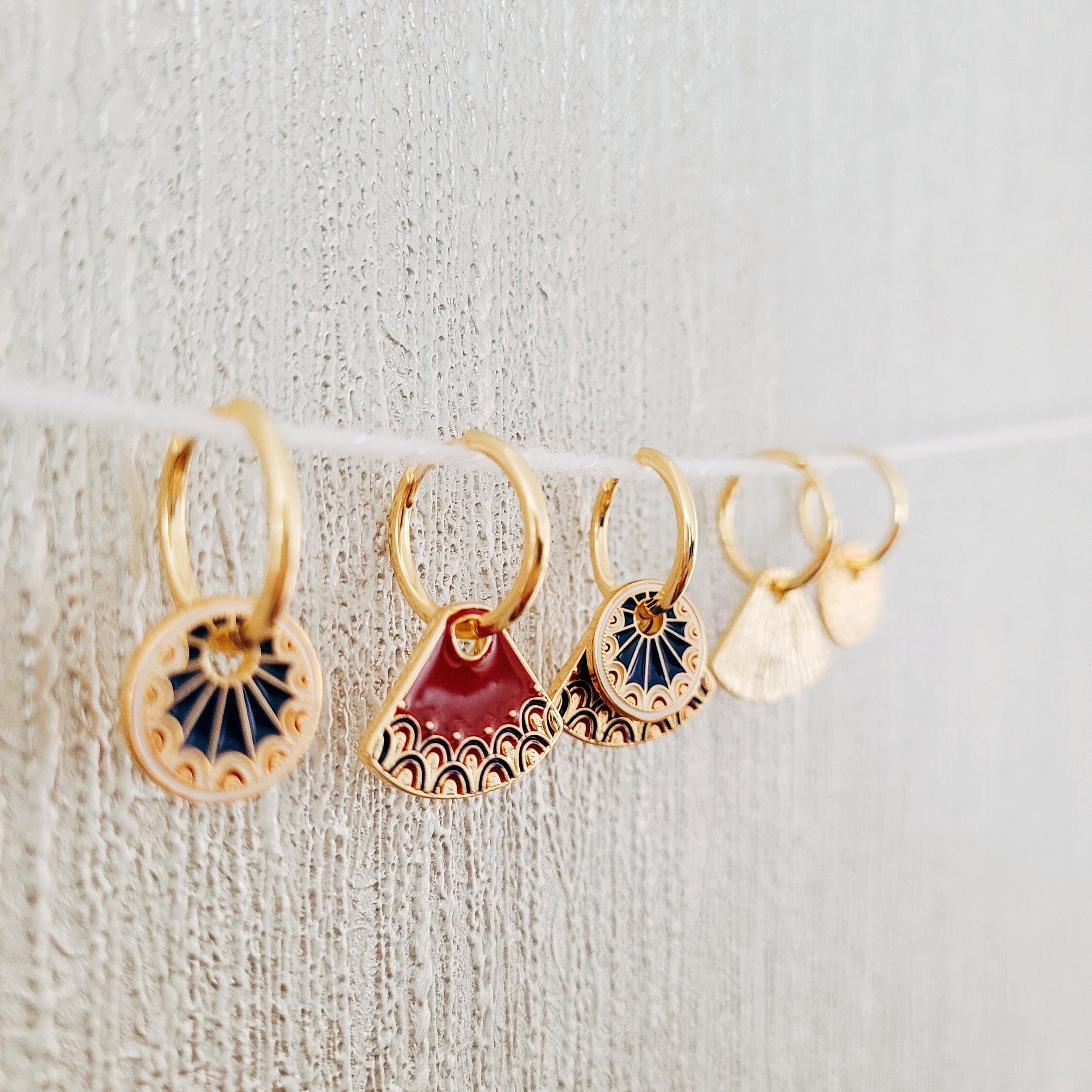 Enamel Earrings Statement Boho Chic Style Dangle Earrings Vintage Tile Hoop Earrings Gold Plated Sterling Silver Hoops Unique Jewellery Gift