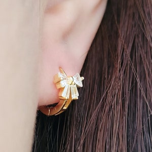 Elegant Diamond Bow Huggie Hoop Earrings | Dainty Coquette Earrings | Ribbon Jewellery Gift for Her | 18k Gold Plated Sterling Silver