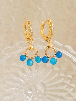 Orecchini Pendenti In Argento Sterling Placcato Oro Con Pietre Aqua Calcedonio - Gioiello Boho Chic Donna
