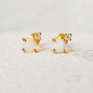 16G Round Opal Earrings Flat Back Stud Earrings Gold Earring Minimalist Opal Studs Screw Back Stacking Earrings