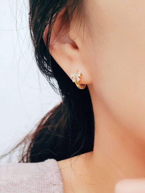 Gold Bow Earrings For Women - 14K Gold Plated, Hypoallergenic, Small Bow Stud & Huggie Drop Style