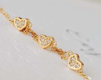 Gold Heart Bracelet, Dainty Sterling Silver Charm, Cubic Zirconia