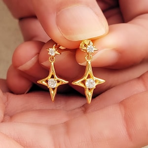 Gold North Star Drop Earrings: Sterling Silver Celestial Jewelry