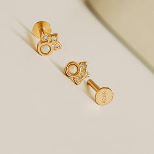 Tiny Opal Stud Earrings | Flat Back Earrings | Crown Earrings with Opal Gemstone | Minimalist Jewellery Gift for Her | 16G