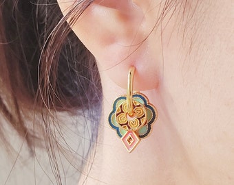 Enamel Disc Hoop Earrings - 18ct Gold Plated over 925 Sterling Silver and Brass, Cloisonné, Unique Enamel Flower Pendant, Vintage, Retro