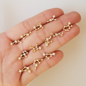 Orecchini con costellazione stellata - Placcati in oro 18 carati su argento sterling 925, Zodiaco, Costellazioni, Orecchino singolo, Significativo, Unico, Regalo
