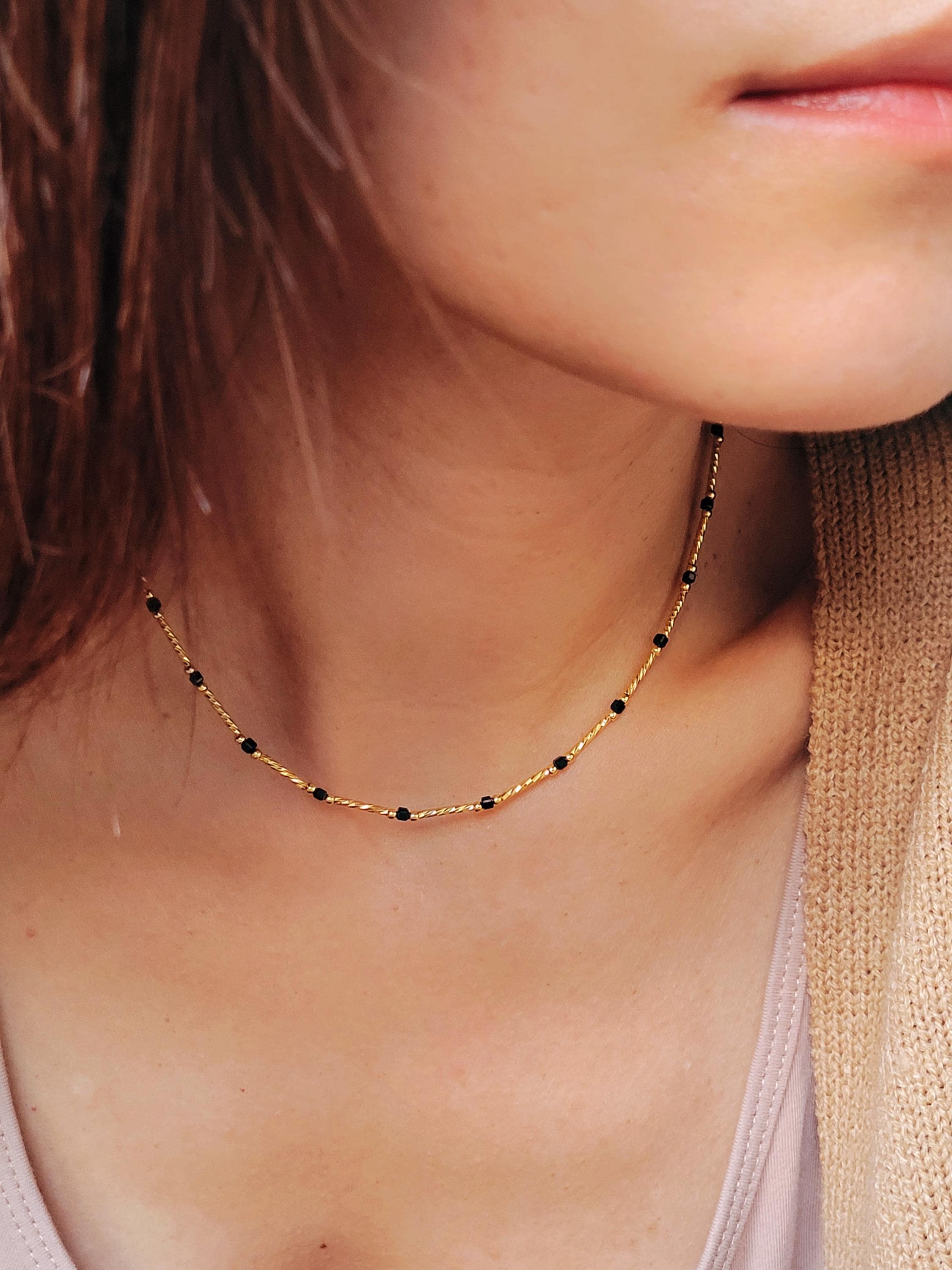 Collier Vintage En Onyx Et Strass Rose - Style Années 80, Pierre Semi-précieuse, En TBE
