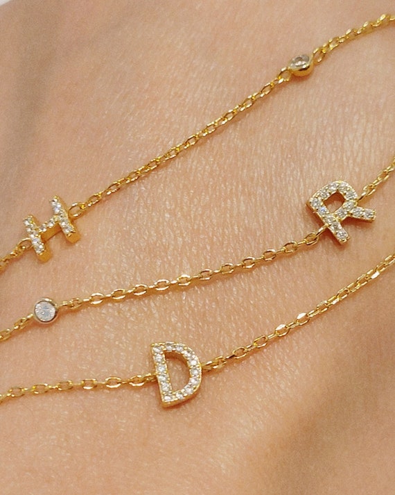 Pave Initial Bracelet | Gold Plated Sterling Silver with Sparkling Cubic Zirconia Stone | Custom Letter Charm Bracelet