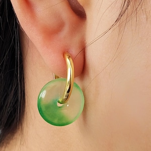Chunky Green Jade Hoop Earrings Dangle Jade Donut Charm on Gold Hoops Minimalist Statement Jewellery Gift for Her