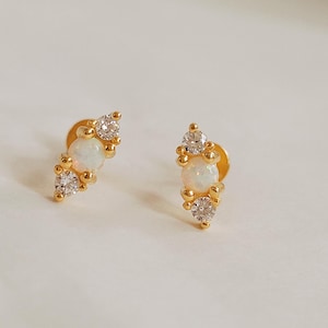 16G Mini Opal Stud Earrings Small Studs Minimalist Earrings Opal Diamond Studs White Opal Earrings for Women