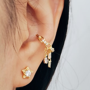 Dangly Drops Gold Ear Cuff Earring Single Earring 18k Gold Plated Sterling Silver Jewellery Gift for Her