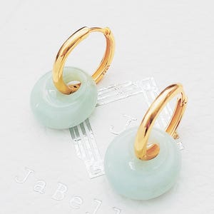 Gold Hoop Earrings with Green Jade | Jade Dangle Huggies | Minimalist Earrings for Women | Best Anniversary Gift | Elegant Wedding Jewellery