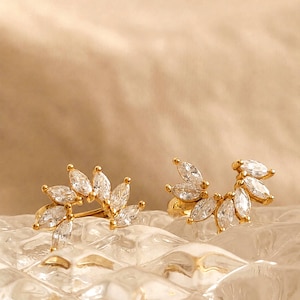 Petal Marquise Huggie Earrings | Gold Plated Sterling Silver Hoops, Cubic Zirconia
