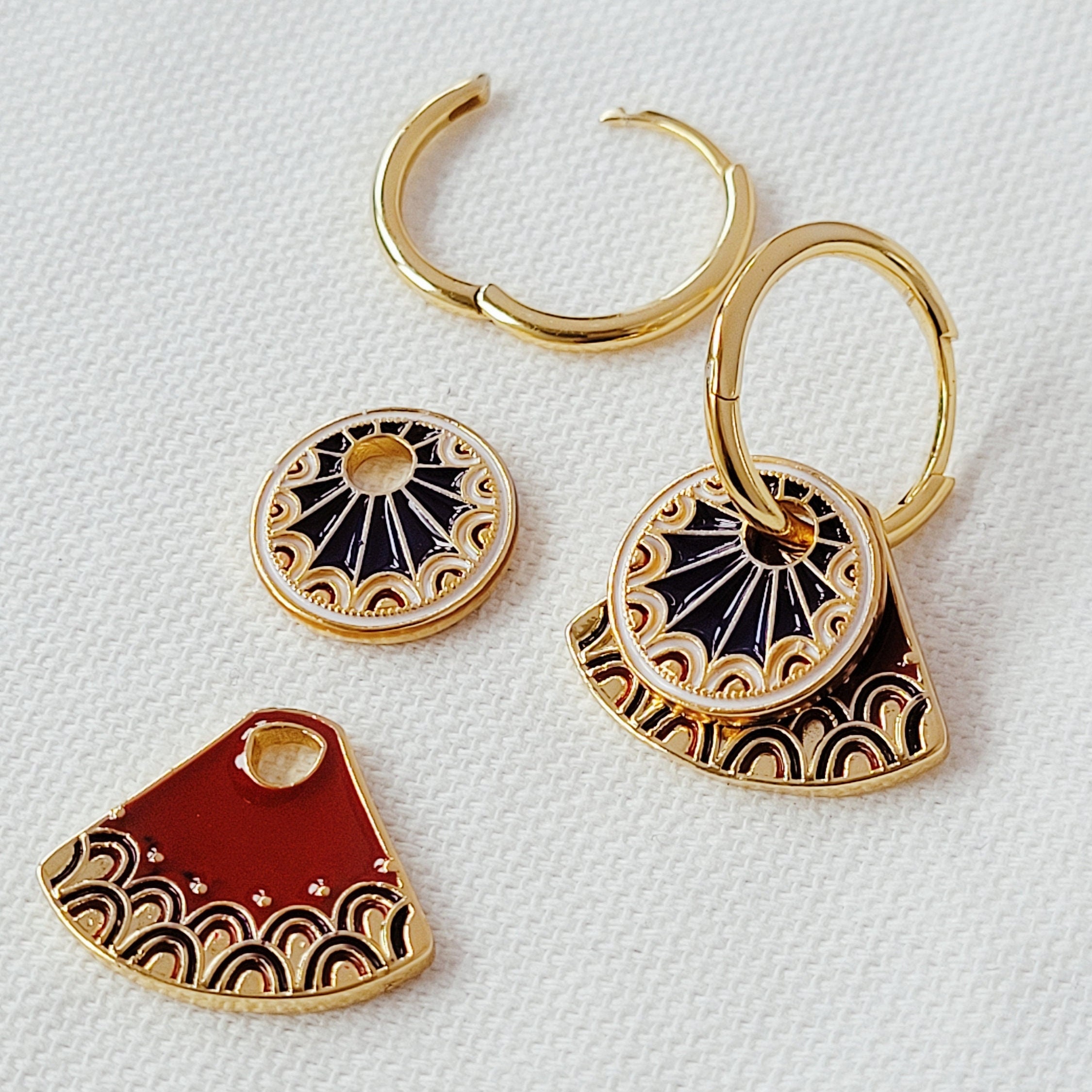 Enamel Disc Hoop Earrings - 18ct Gold Plated over 925 Sterling Silver, Brass, Cloisonné, Unique Tile Earrings, Vintage, Red and Blue Enamel
