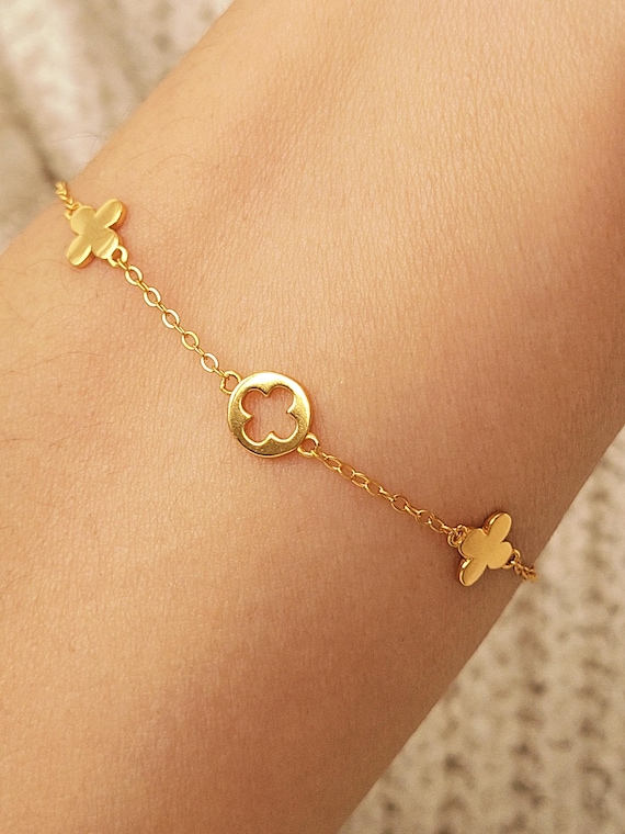 Handmade Dainty Gold Clover Bracelet 18k Gold Plated Sterling Silver Minimalist Boho Jewellery Gift for Her