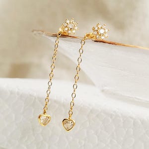 Flower Threader Earrings Chain Stud Earrings | Heart Dangle Earrings | Gold Plated Sterling Silver | Minimalist Wedding Jewellery
