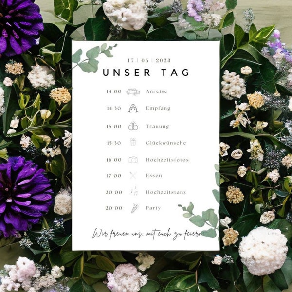 Hochzeitsprogramm Schild Ausdruckbare Zeitleiste Tagesablauf Programm Hochzeitsschild  Canva Vorlage Hochzeit Ablauf