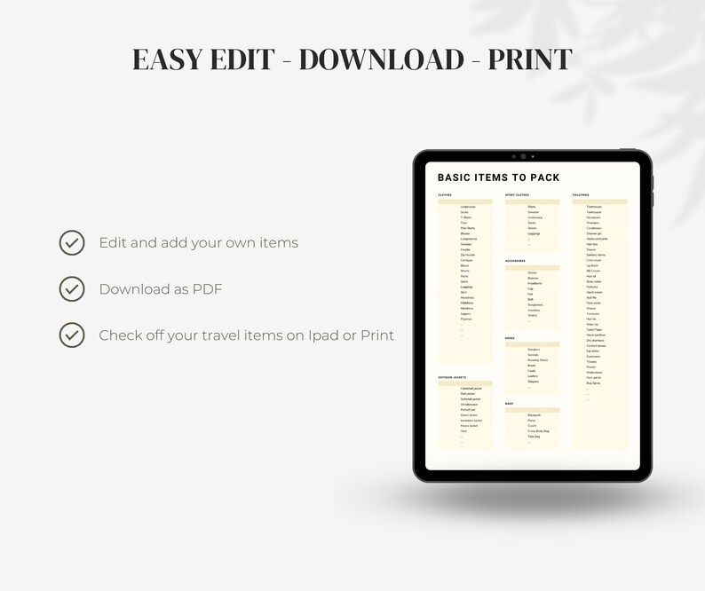 Editable Travel Packing List Template Printable PDF Checklist Planner ...