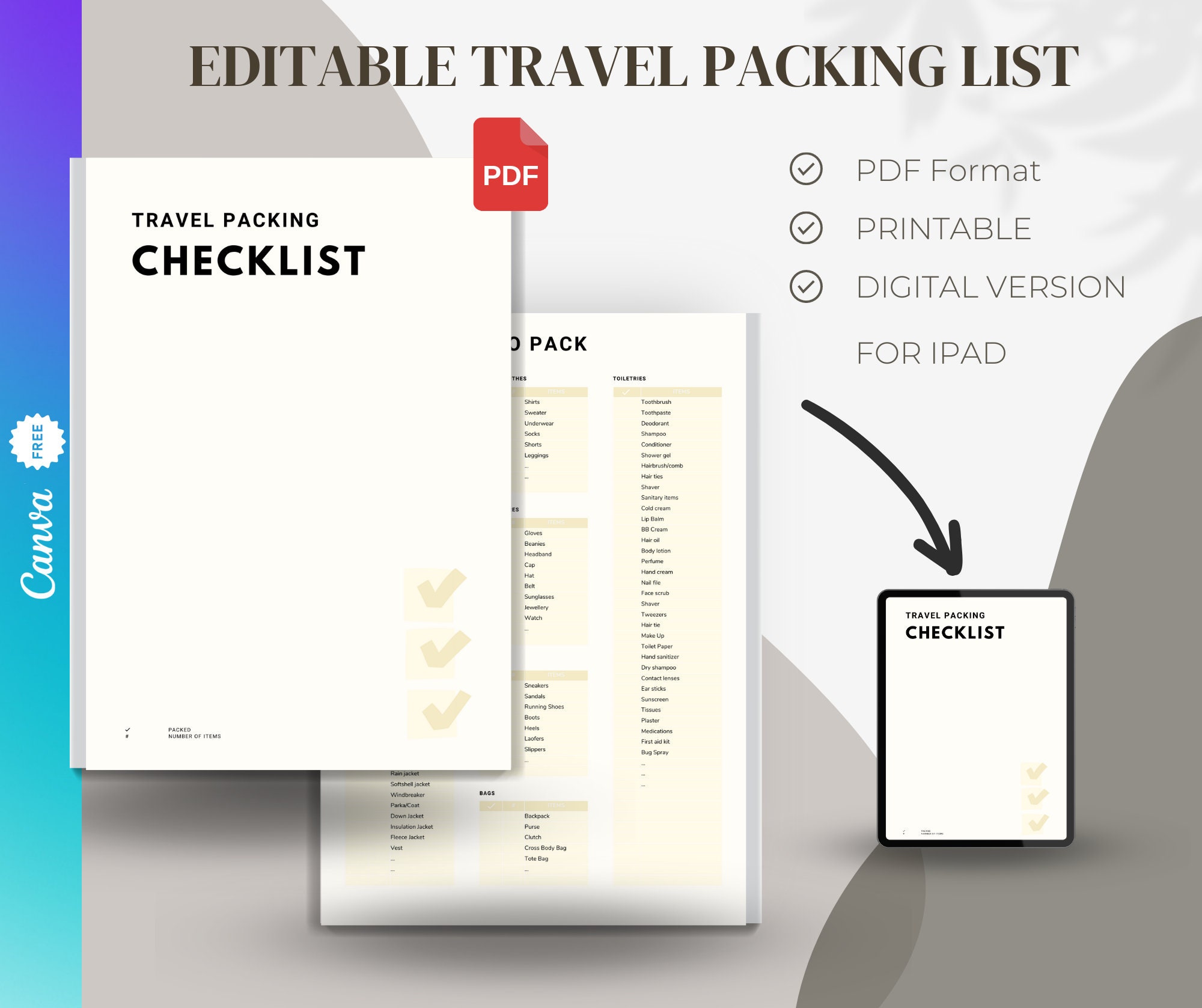 Editable Travel Packing List Template Printable PDF Checklist Planner ...