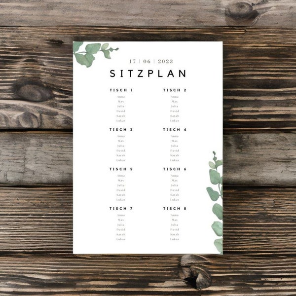 Hochzeit Sitzplan Vorlage Hochzeitstische Moderne Eukalyptus Hochzeit  Editierbar Canva Template Digitaler download A3