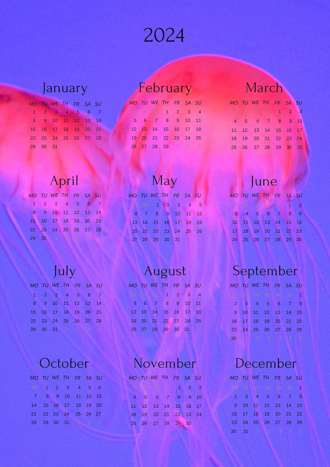 2025 Yearly Calendar Jellyfish Etsy