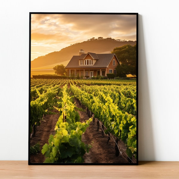 Vineyard Bliss: Picturesque Vineyard with Grapevines and Rustic Farmhouse - Rustic Farmhouse Print - Rustic Wall Decor - Digital Download