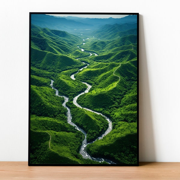 Aerial River Journey: Stunning Aerial River View - Winding River Digital Prints, River Valley Print, Lush Green Valley Digital Download