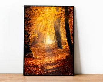 Autumn Glow Forest: Sunlit Path with Colorful Autumn Leaves - Fall in the Forest - Forest Colorful Autumn Home Decor - Instant Download